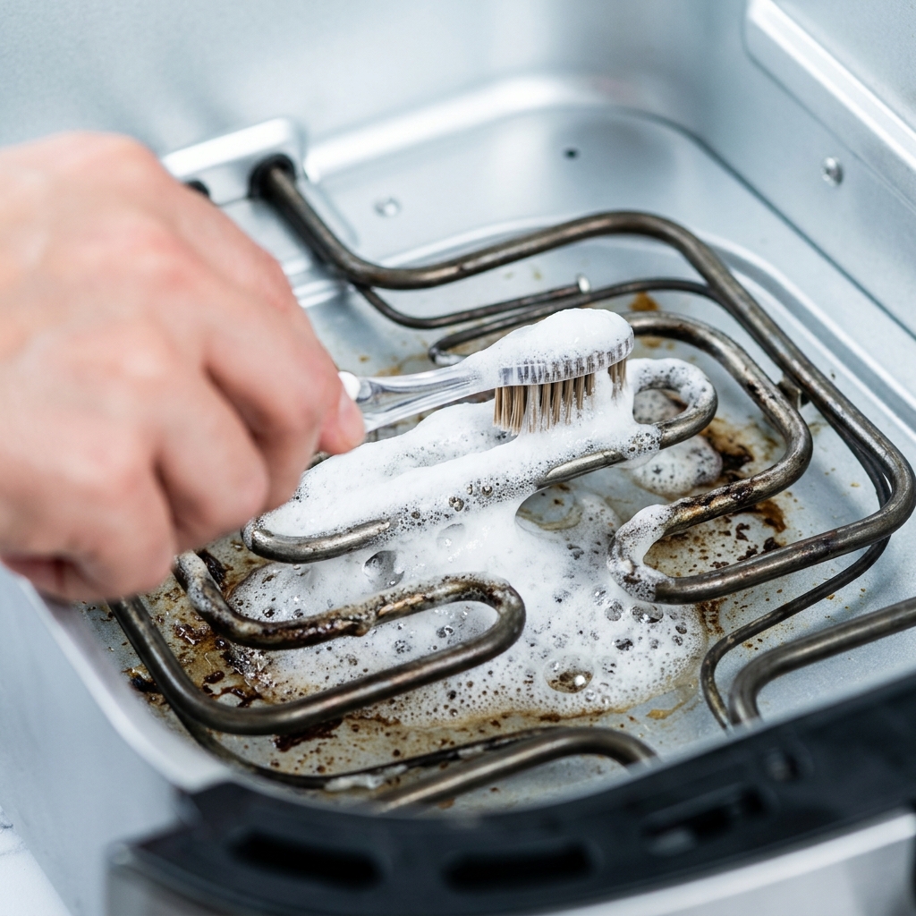 Scrubbing the air fryer heating element with a toothbrush and baking soda paste.