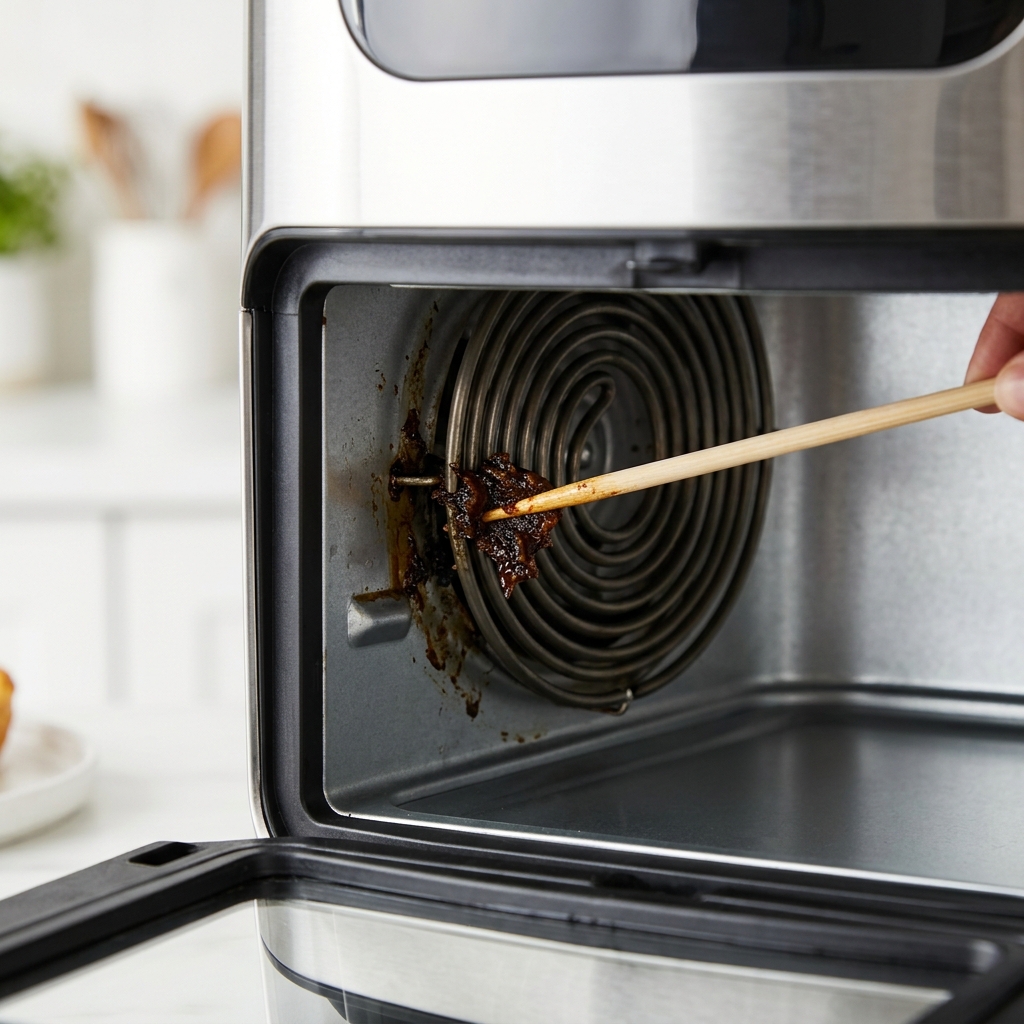 Using a wooden skewer to clean tight spots behind the air fryer fan blades.