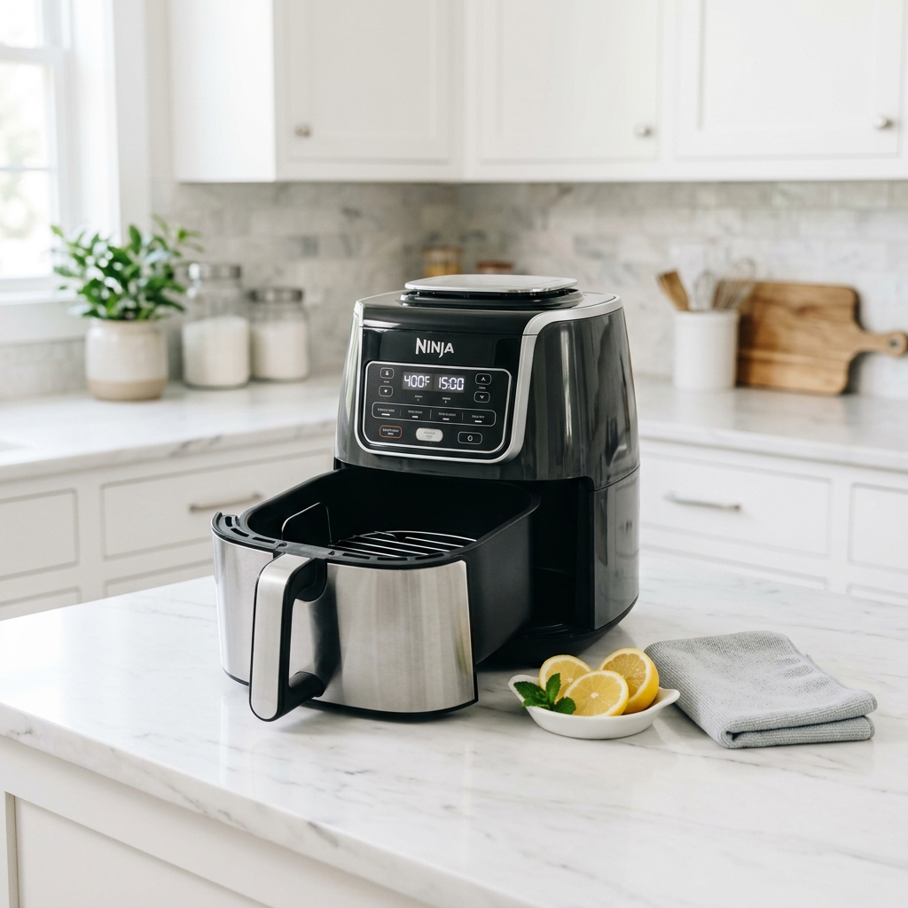 A clean air fryer and basket with fresh lemon slices on a kitchen counter.