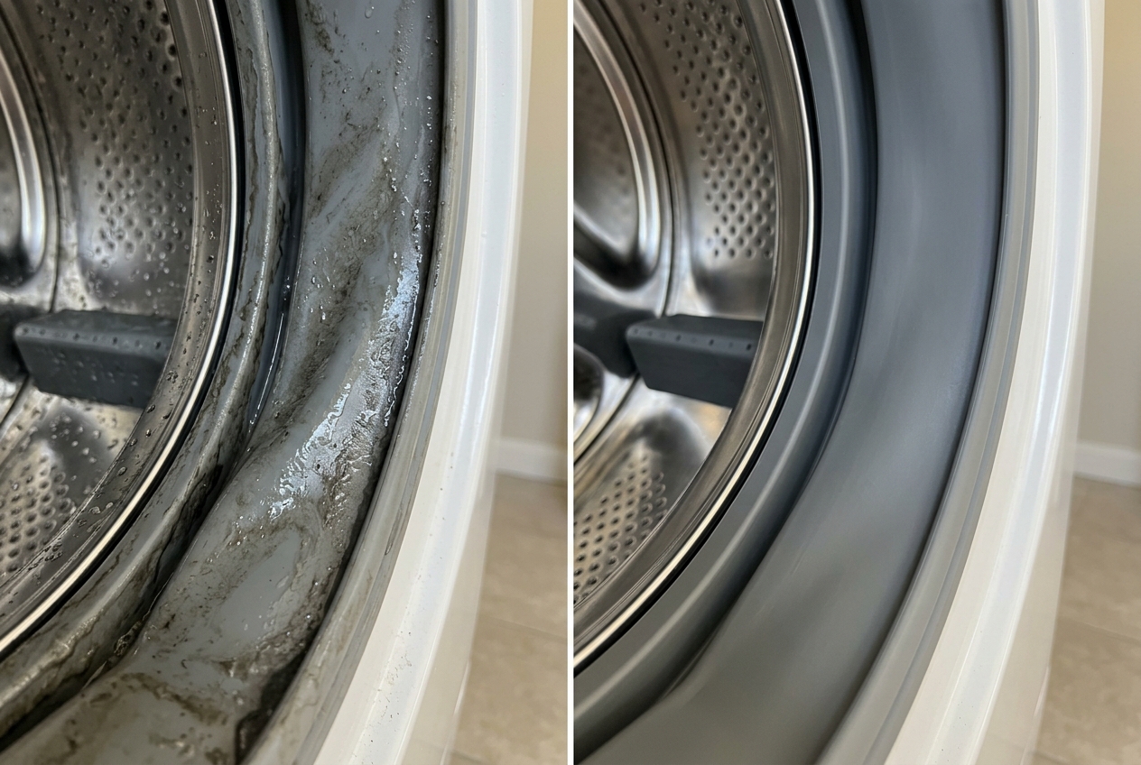 Split-screen comparison of a washer gasket fold with dark slimy biofilm on one side and clean matte gray rubber on the other.