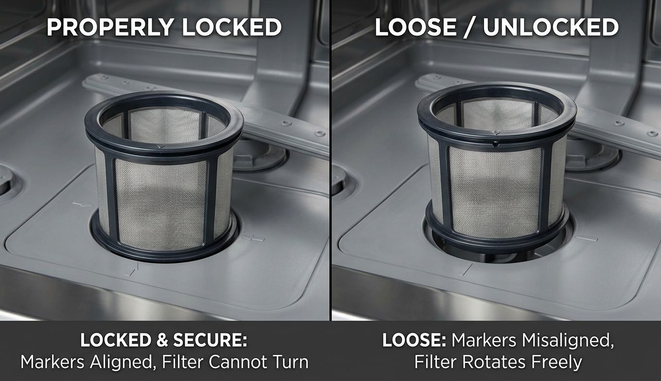 Side-by-side comparison of a manual-clean dishwasher filter (twist-lock) versus a self-cleaning hard food disposer
