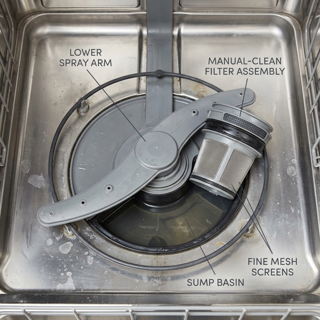 Annotated diagram of the dishwasher interior pointing out the filter, spray arms, and sump