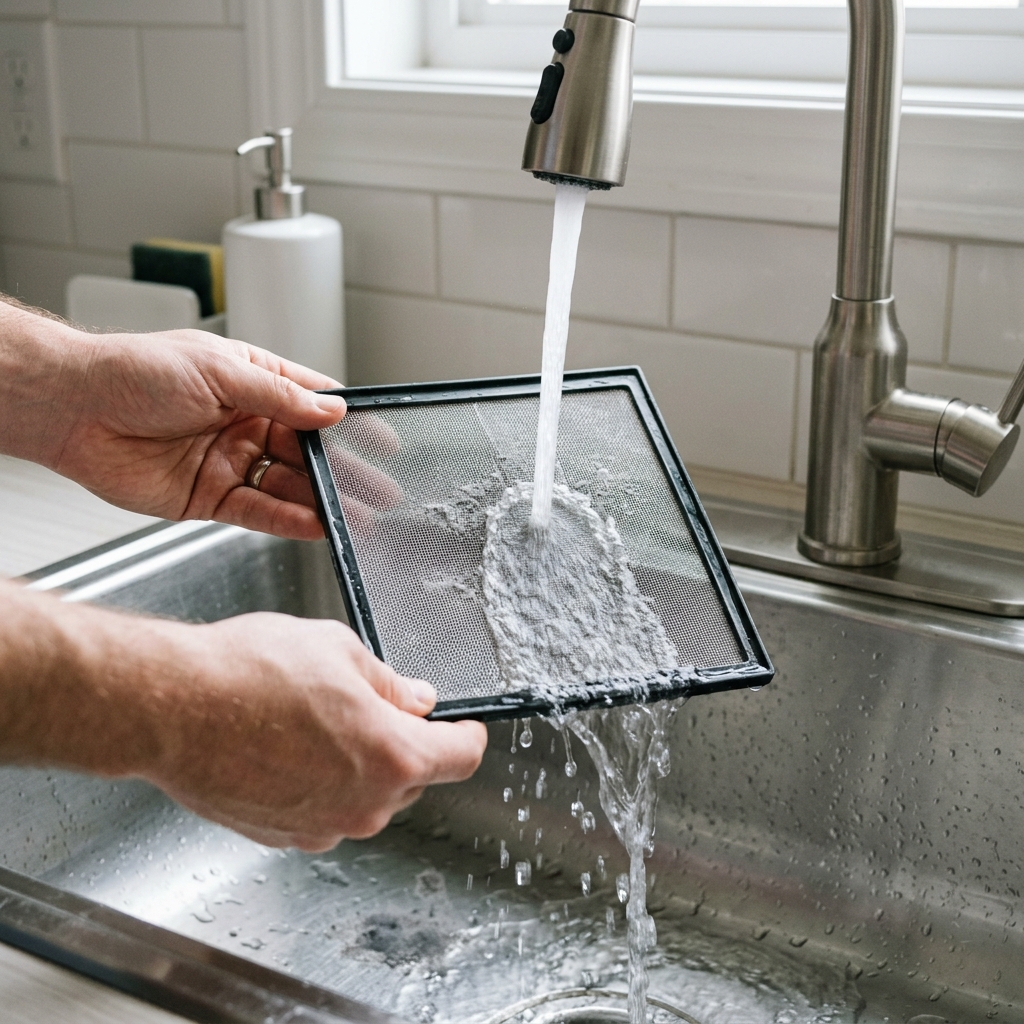 Rinsing a dryer lint screen under running water in a kitchen sink