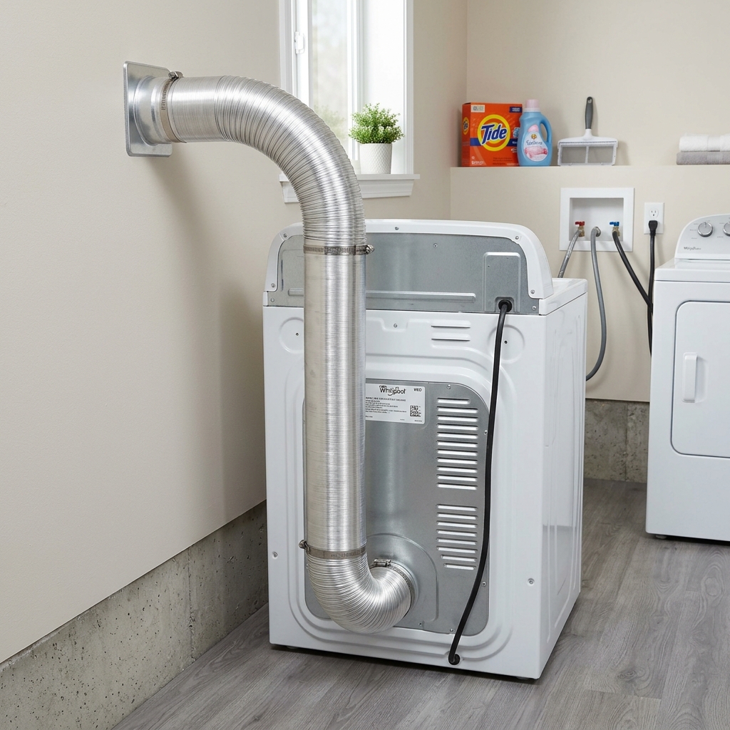 Back of a dryer with a semi-rigid metal transition duct properly connected to the wall vent