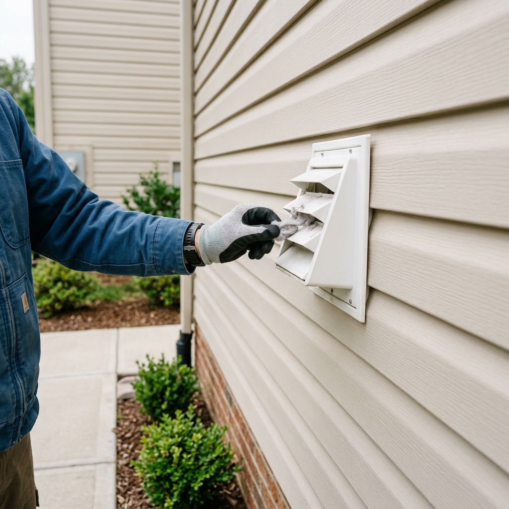 A homeowner cleaning lint out of an exterior dryer vent hood on the side of a house