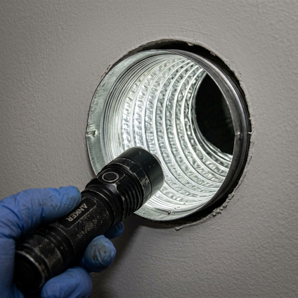 Shining a flashlight into a dryer vent duct for inspection