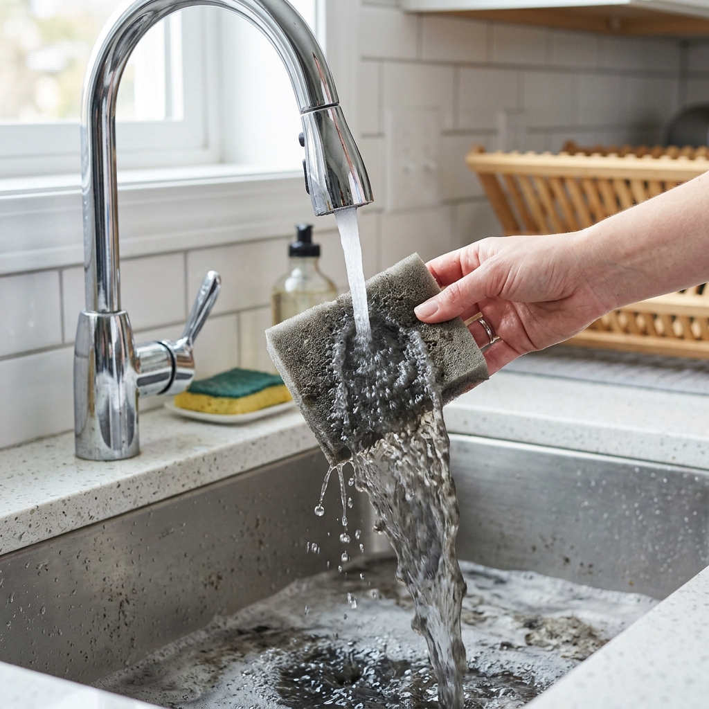 A hand rinsing a grey foam vacuum filter under a kitchen faucet with murky water running off.