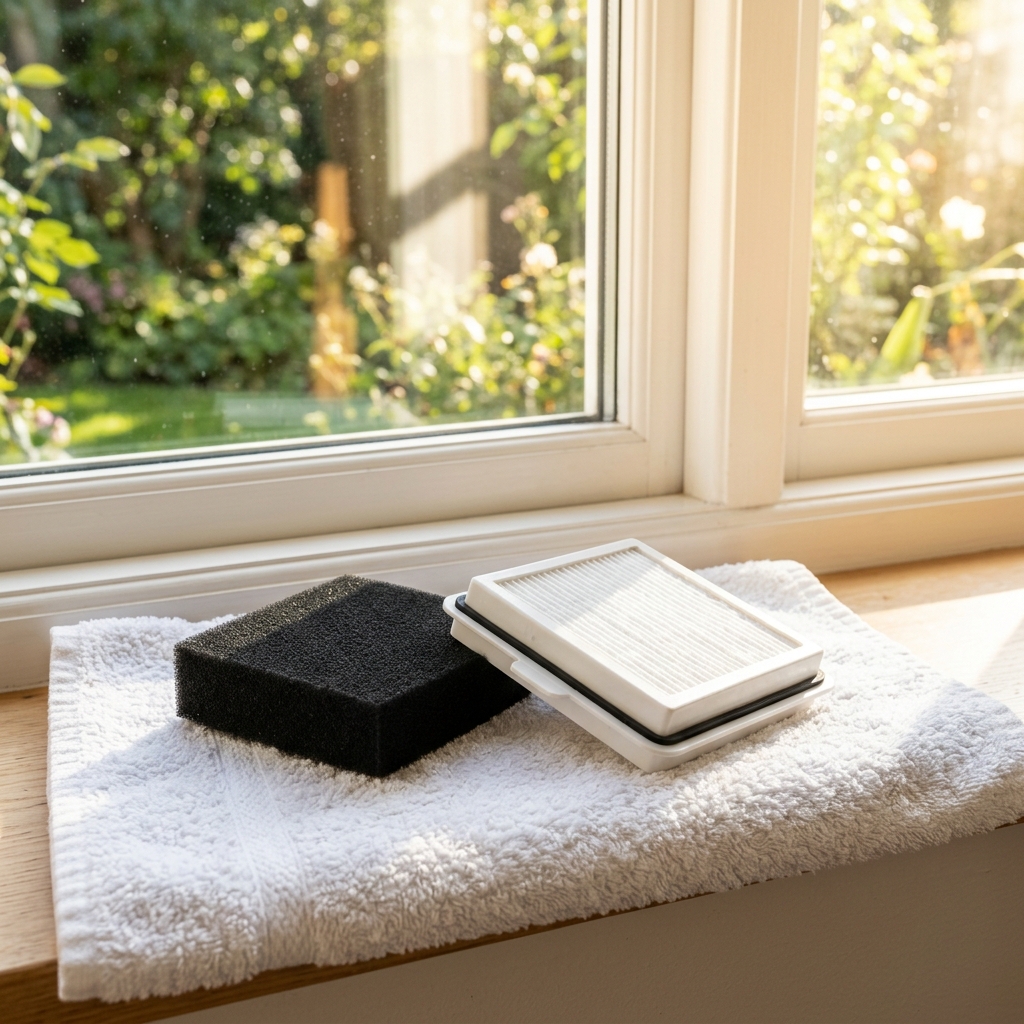 Two clean vacuum filters drying on a white towel on a sunlit windowsill.