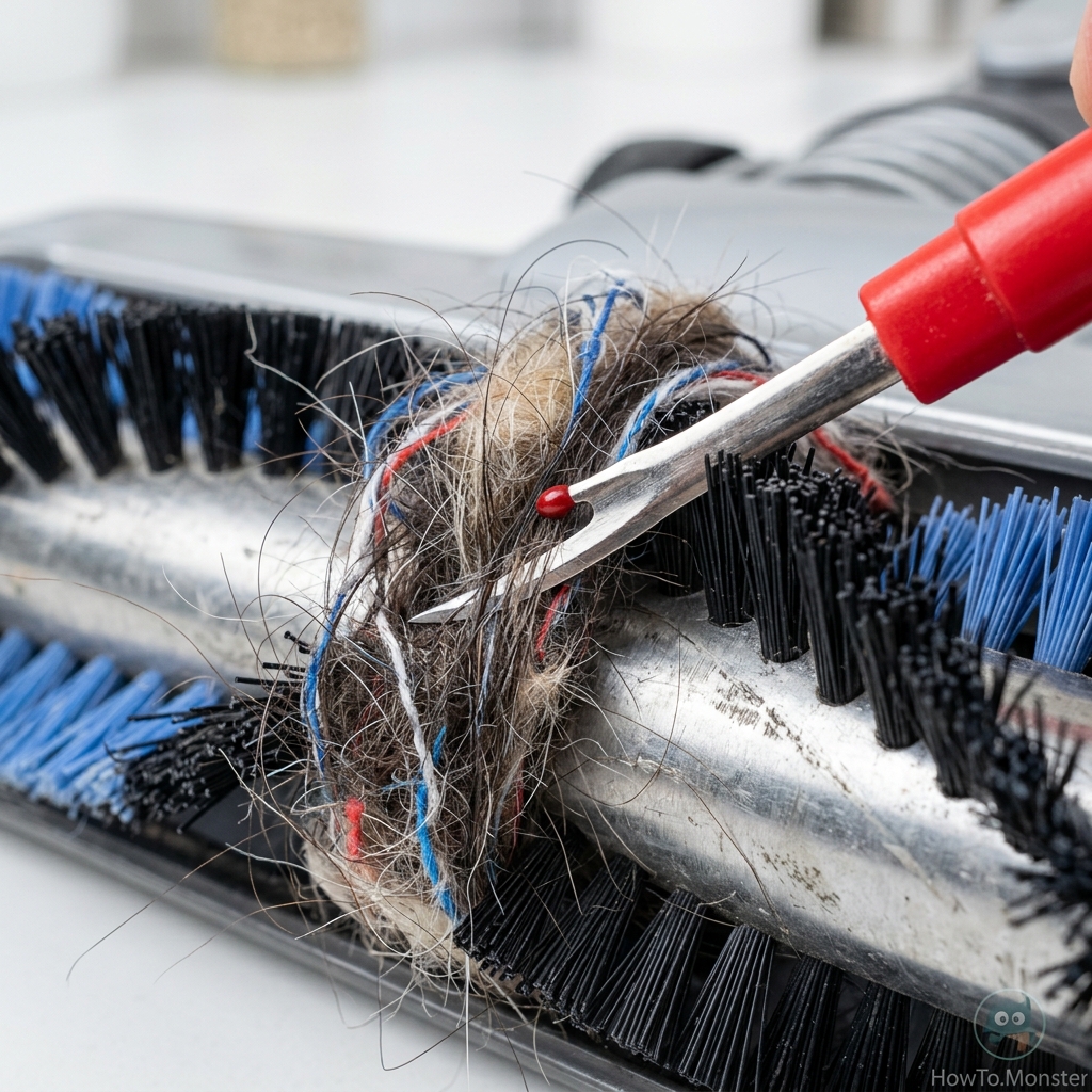 Close-up of a seam ripper tool cutting through tangled hair on a vacuum brush roll.