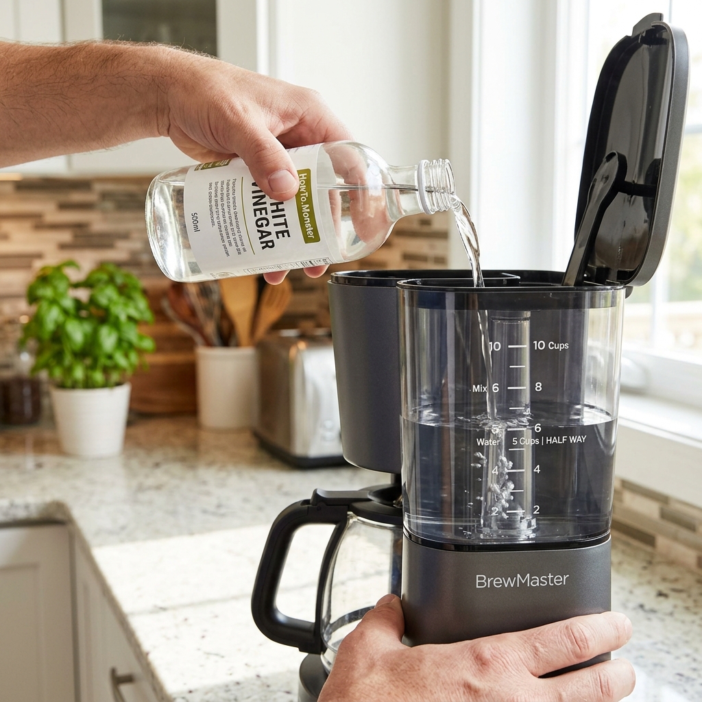 Pouring white vinegar into a coffee maker reservoir to create a 1:1 cleaning solution.