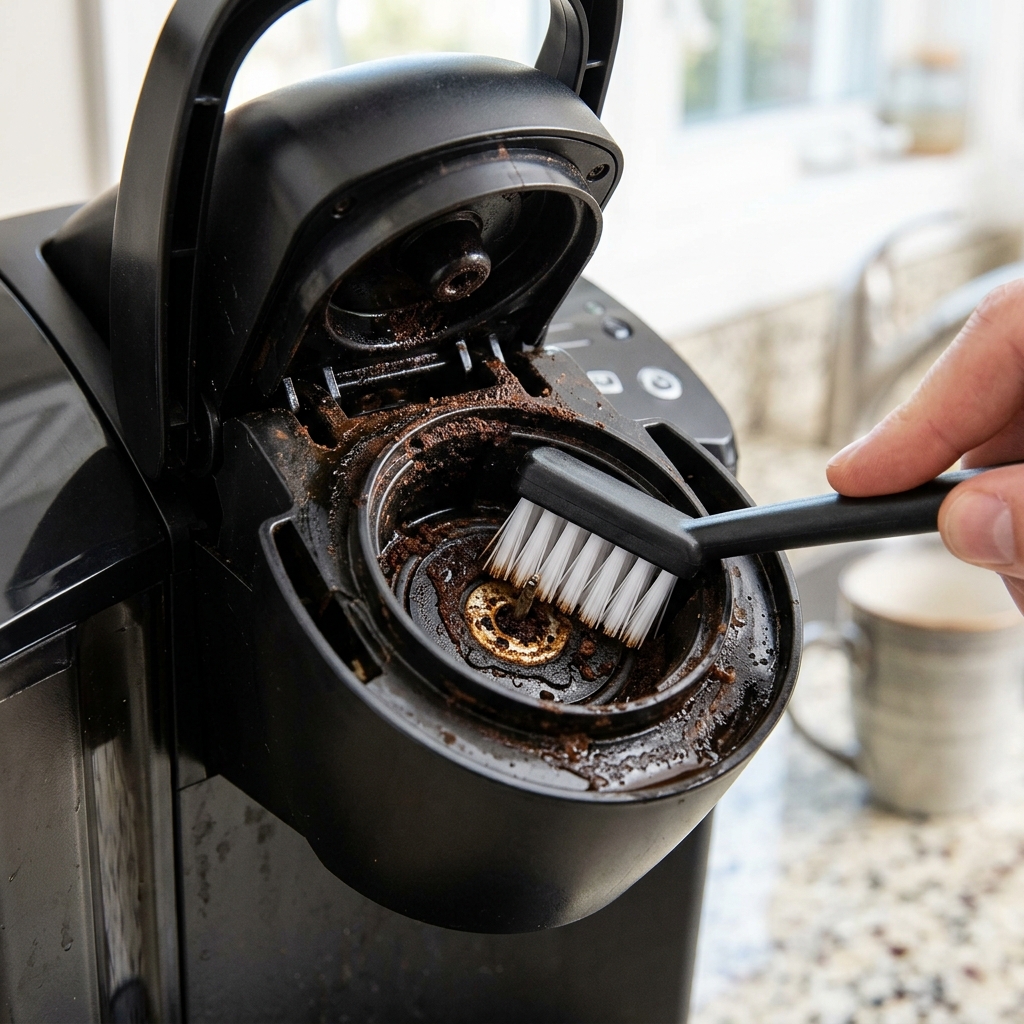 Using a small brush to clean the pod holder of a Keurig coffee machine.