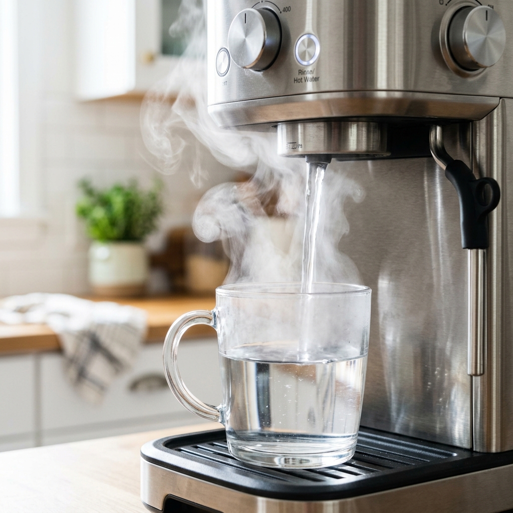 Crystal clear water brewing into a glass mug during the final rinse cycle.