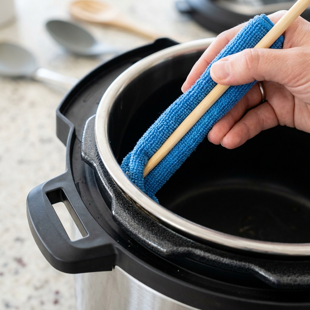 Cleaning the narrow condensation rim with a cloth-wrapped chopstick.