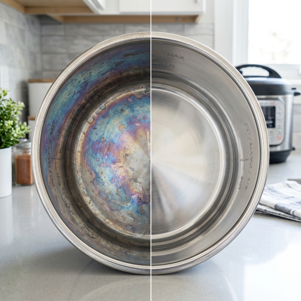 Before and after comparison of removing rainbow stains from a stainless steel pot.