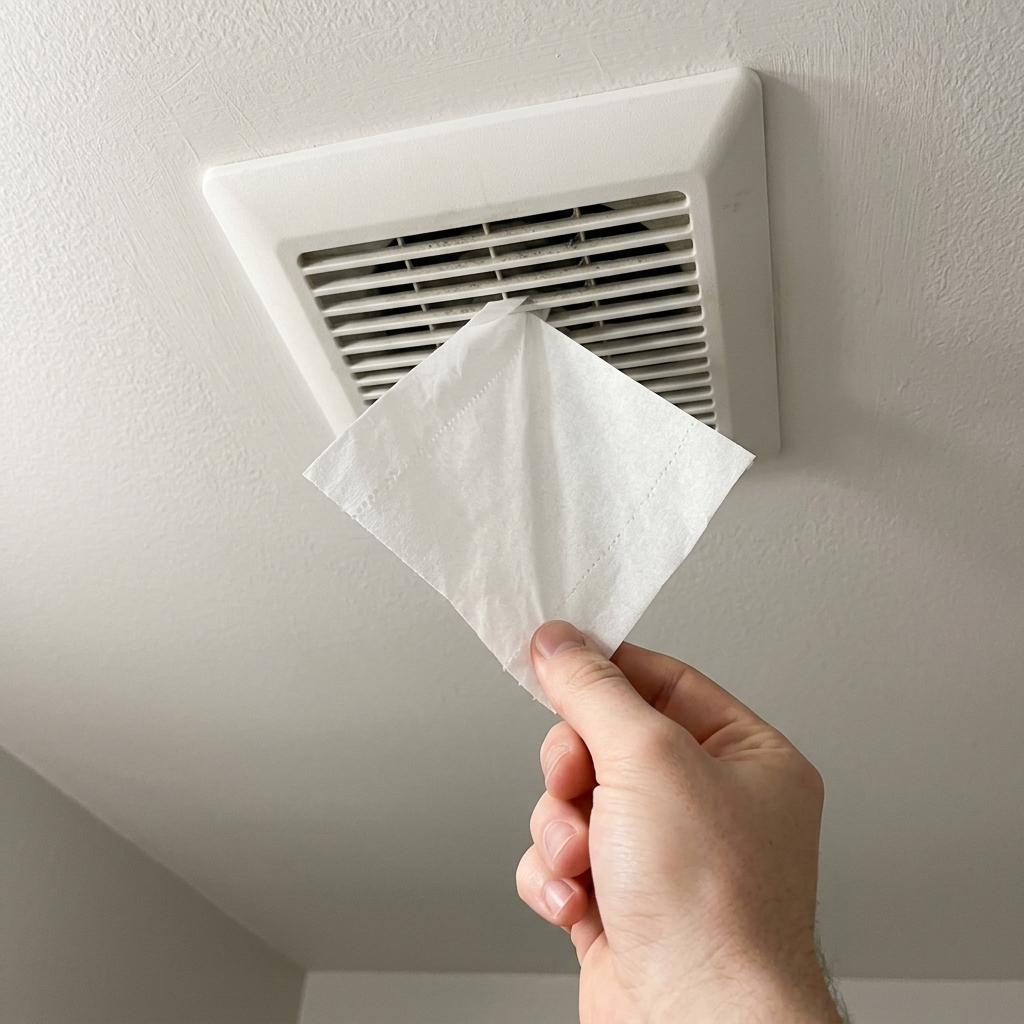 Demonstrating the bathroom fan tissue test for airflow suction.