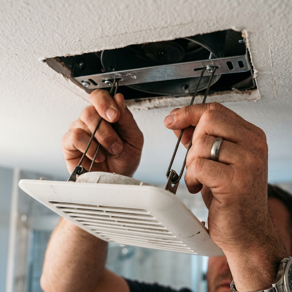 How to remove a bathroom fan cover by squeezing the metal spring clips.