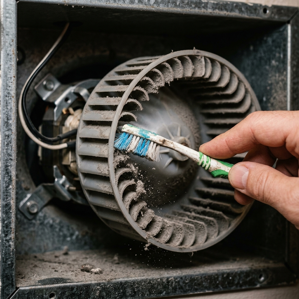 Using a toothbrush to clean dust off the blades of a bathroom fan motor.