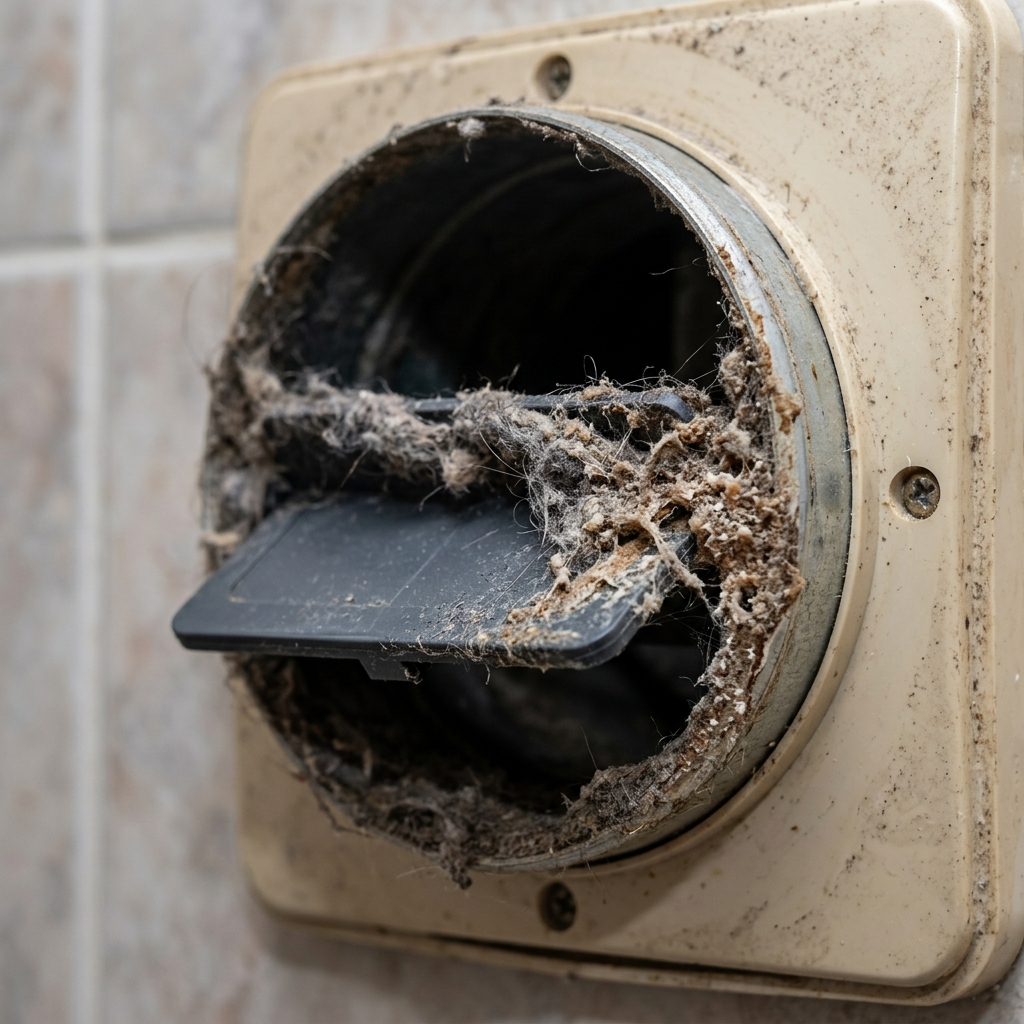 A clogged backdraft damper on a bathroom exhaust fan preventing airflow.