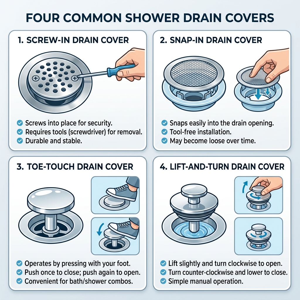 Diagram showing different types of shower drain covers and stoppers.
