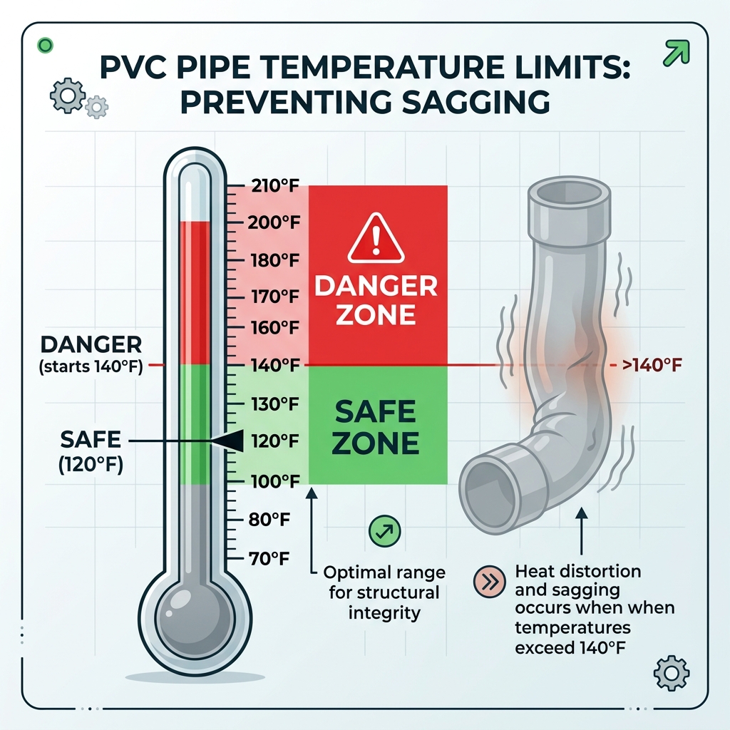 Safety graphic showing 140 degrees Fahrenheit as the maximum safe temperature for PVC pipes.