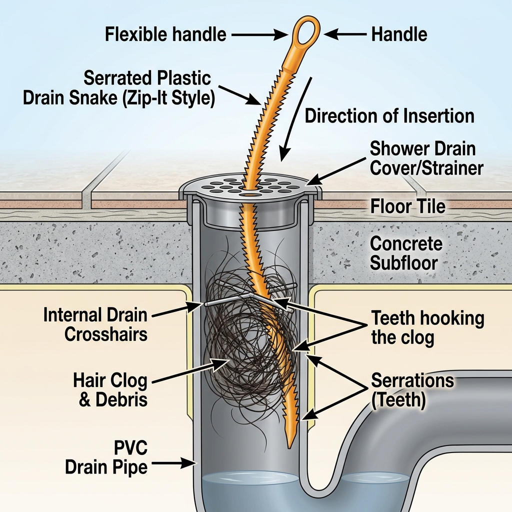 Illustration of how a serrated plastic drain snake grabs hair clogs.
