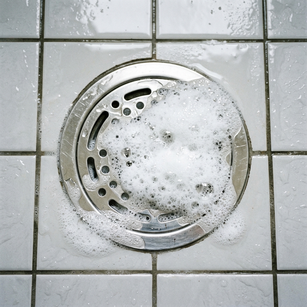 Baking soda and vinegar reacting in a shower drain for maintenance.