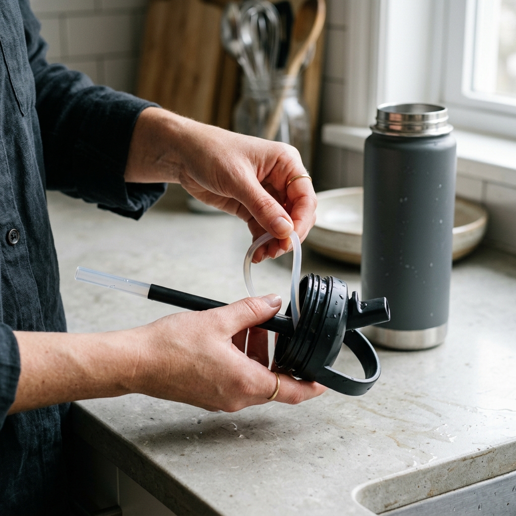 Removing the gasket, straw, and lid before washing a reusable bottle.