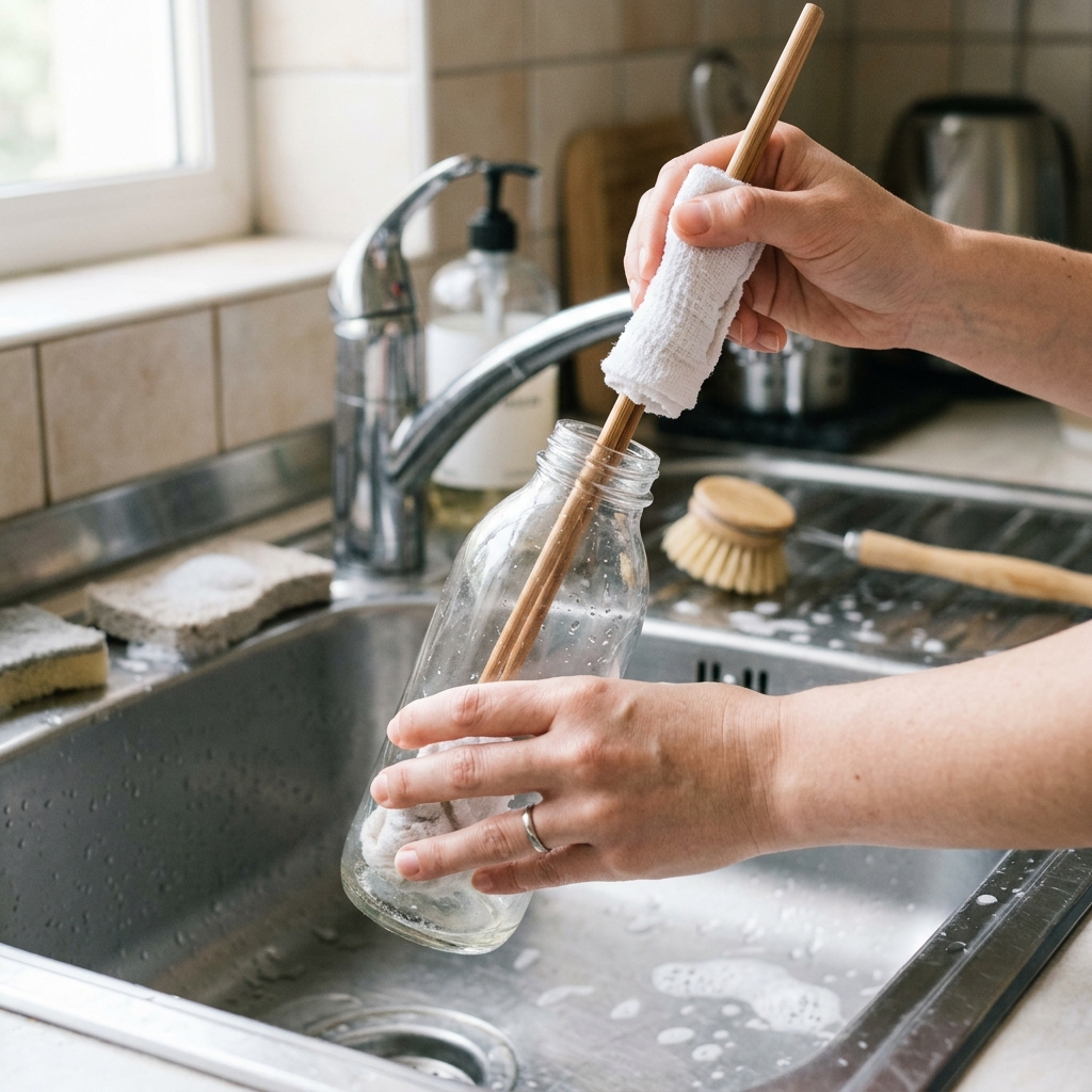 Using a cloth wrapped around a spoon to clean inside a water bottle without a brush.