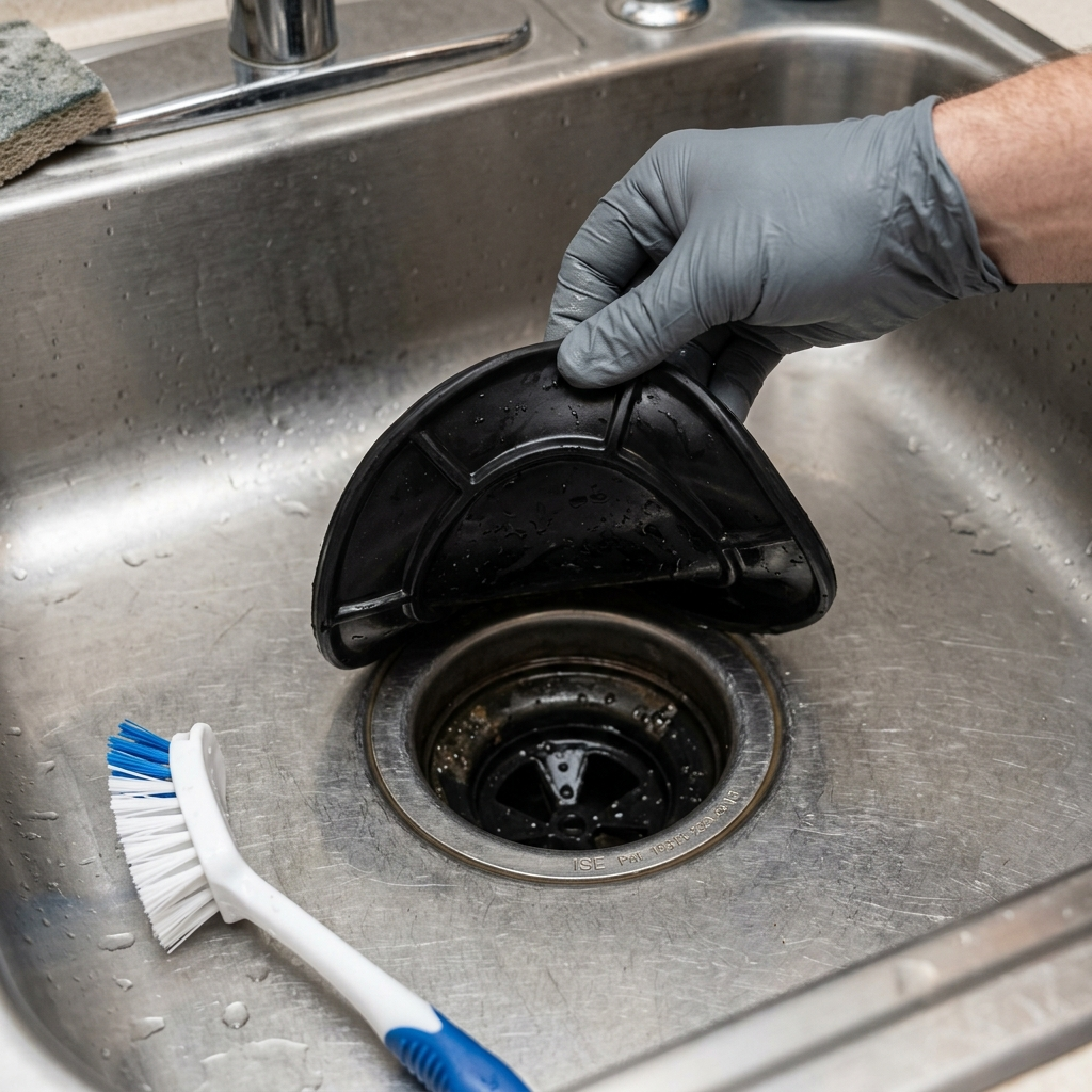 A gloved hand lifts a garbage disposal splash guard to clean trapped residue underneath.