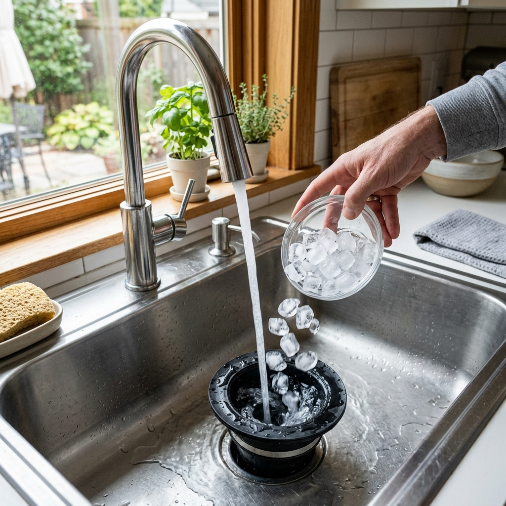 Ice cubes and cold water being used to clean a garbage disposal chamber.