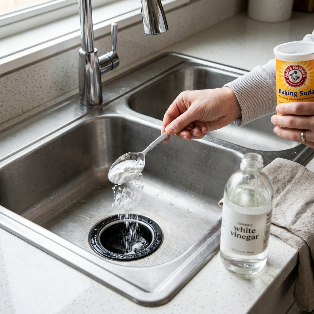 Baking soda being added to a garbage disposal drain to deodorize it.