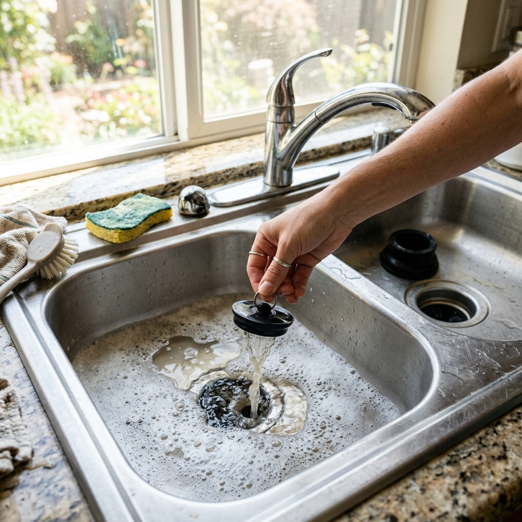 A sinkful of soapy water flushing through a garbage disposal.