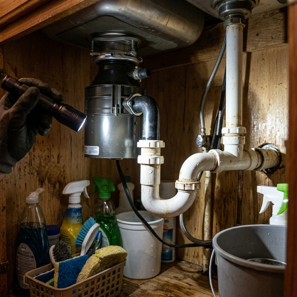 Under-sink plumbing and P-trap checked when garbage disposal odor persists.