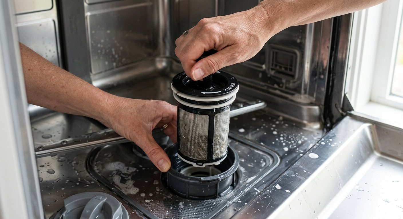A homeowner pulls out the lower rack to reveal the dishwasher filter area.