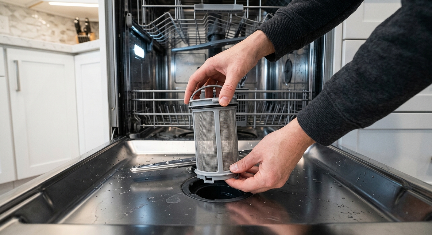 The cleaned dishwasher filter is reinstalled into the bottom of the tub.