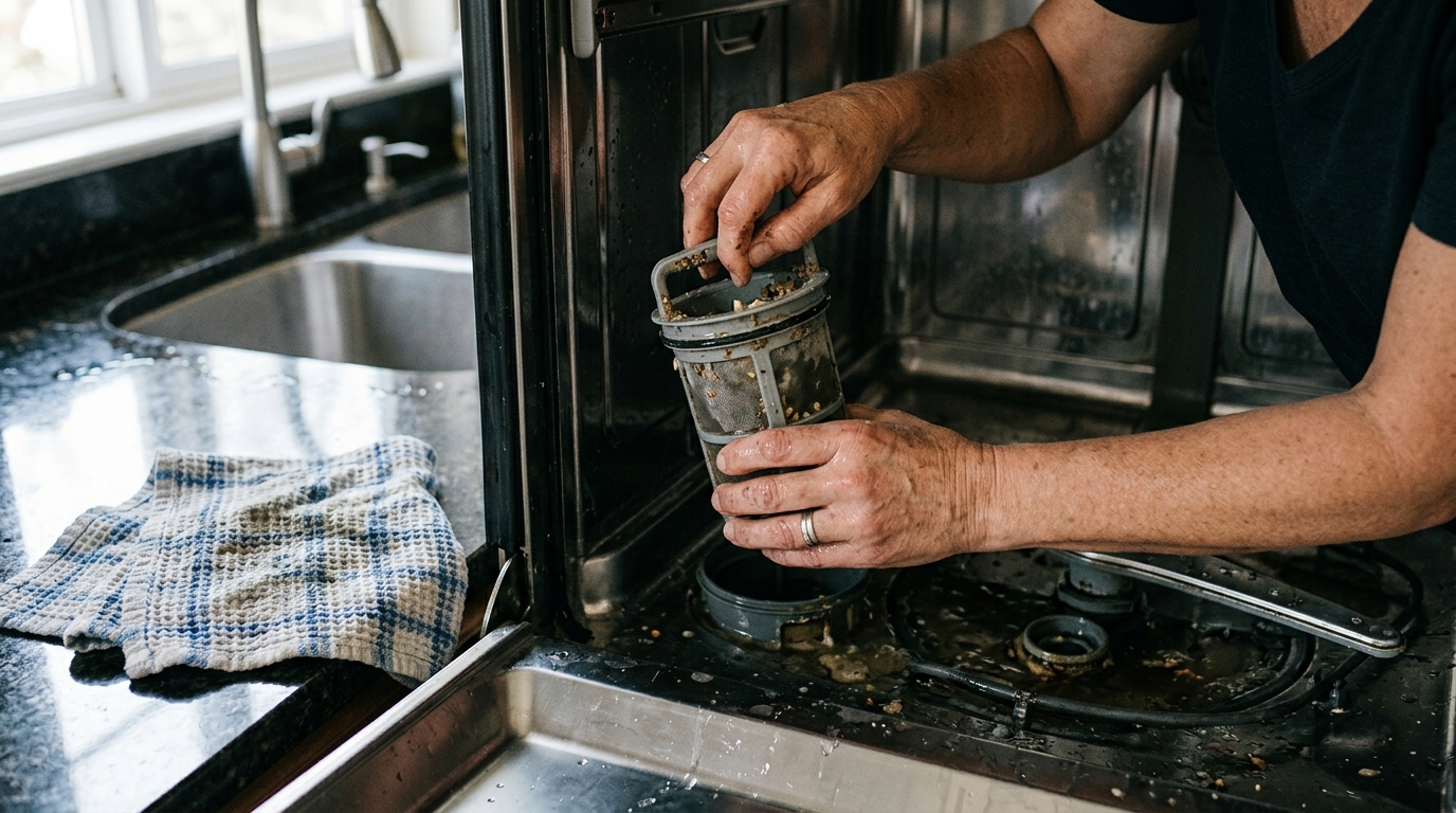 A homeowner removing the dishwasher filter from the bottom of the tub, with the lower rack pulled out and the filter assembly visible