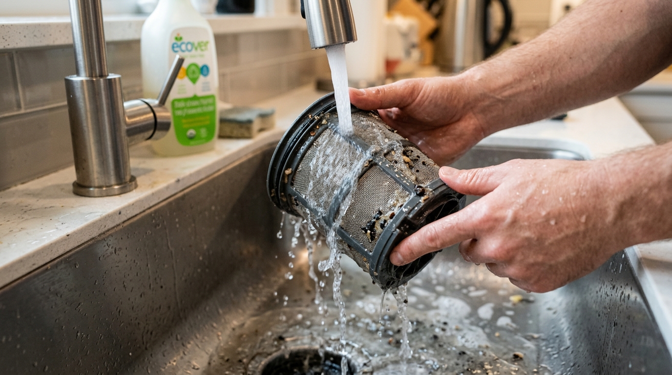 Close-up of a dishwasher filter being rinsed under warm running water at a kitchen sink