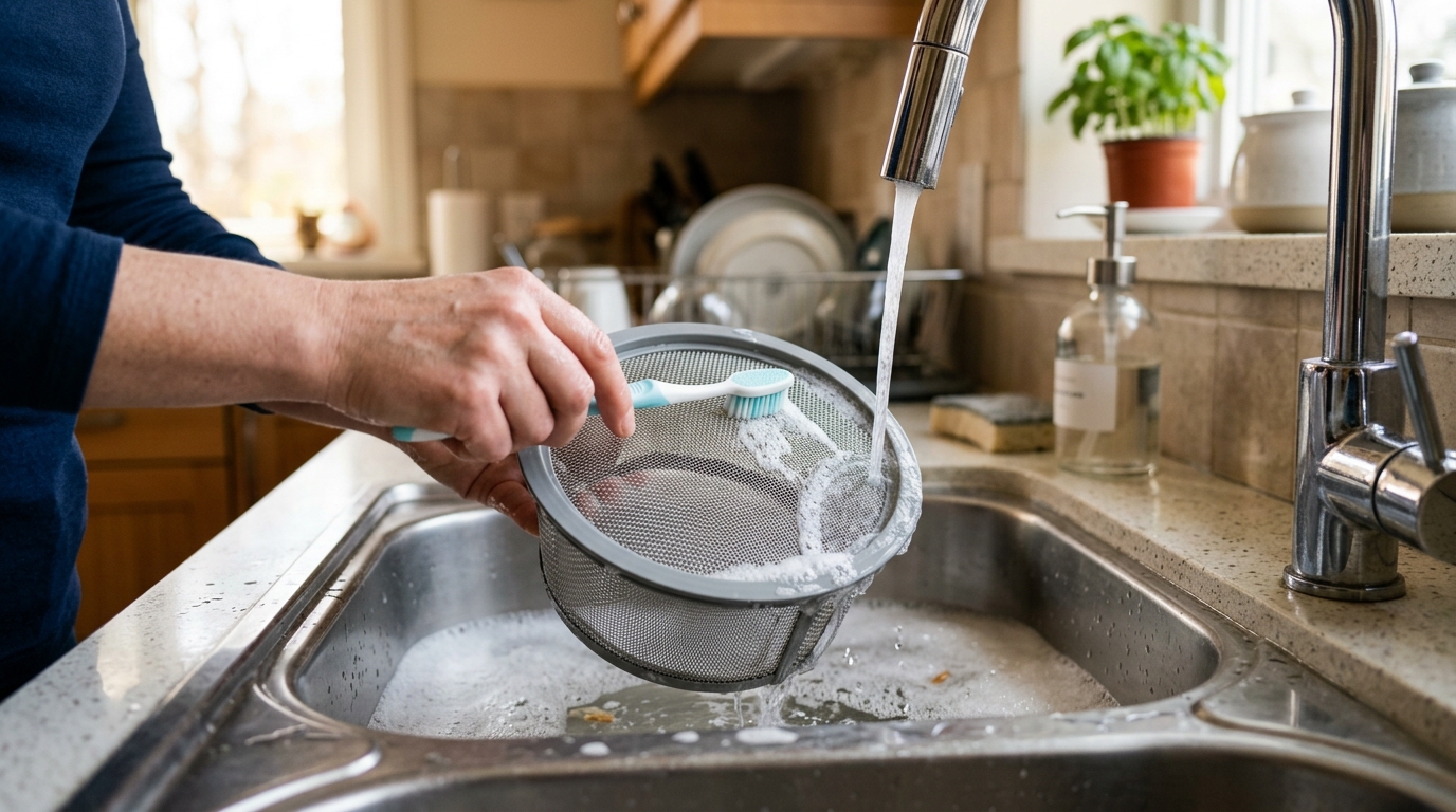 A soft toothbrush cleaning the fine mesh and edges of the dishwasher filter to remove grease and mineral deposits