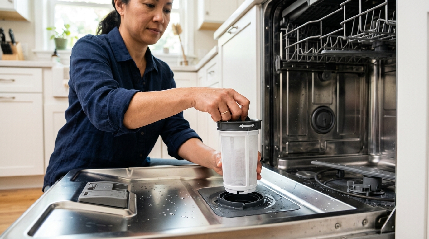 The cleaned dishwasher filter being reinstalled and twisted until it locks into place at the bottom of the tub