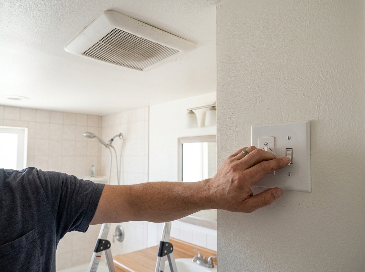 A homeowner turns off the breaker before cleaning the bathroom exhaust fan.