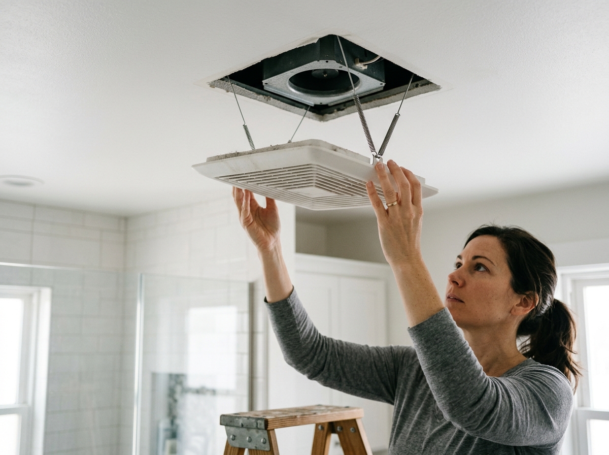 The grille is lowered from the ceiling and the spring clips are visible.