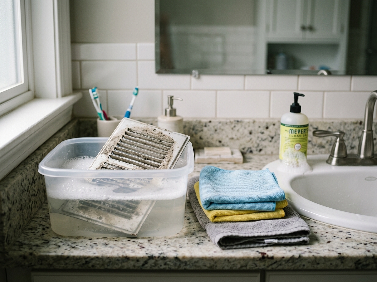 The vent cover is washed in warm soapy water beside a microfiber cloth.