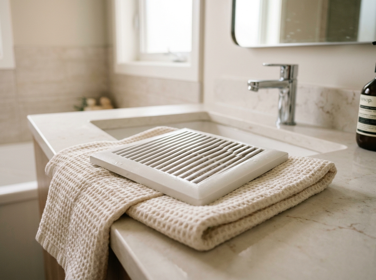 The cleaned grille dries on a towel before reinstallation.