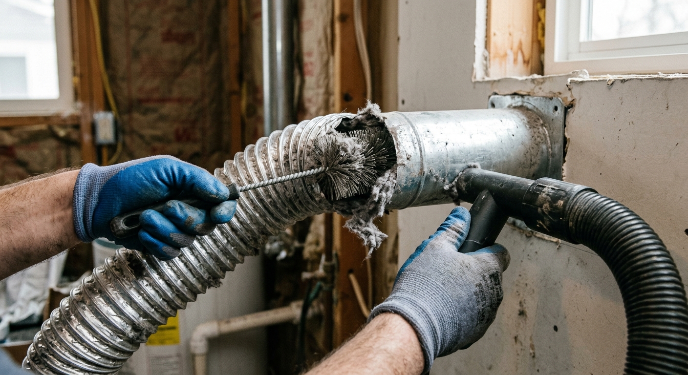 A brush and vacuum remove lint from the dryer vent hose and outlet.