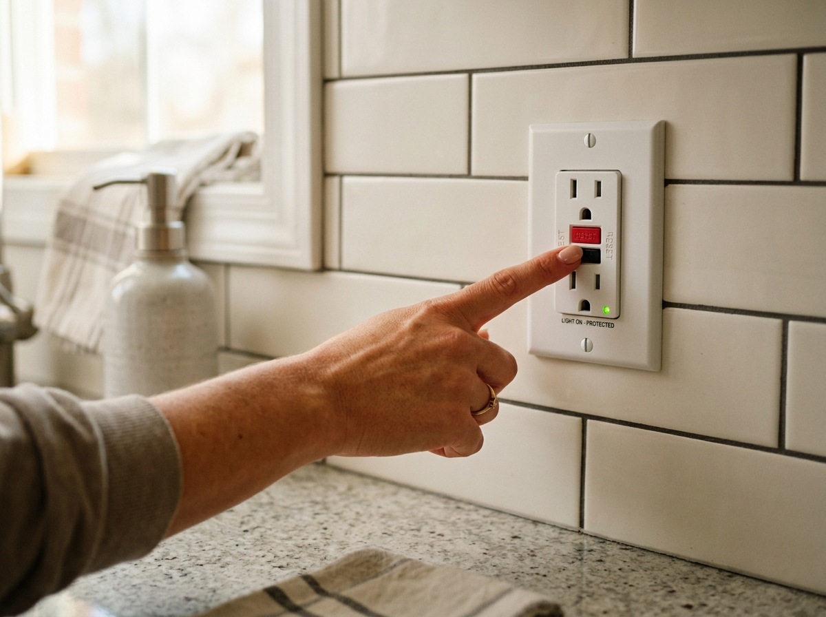 A homeowner looks at the TEST and RESET buttons on a bathroom GFCI outlet.