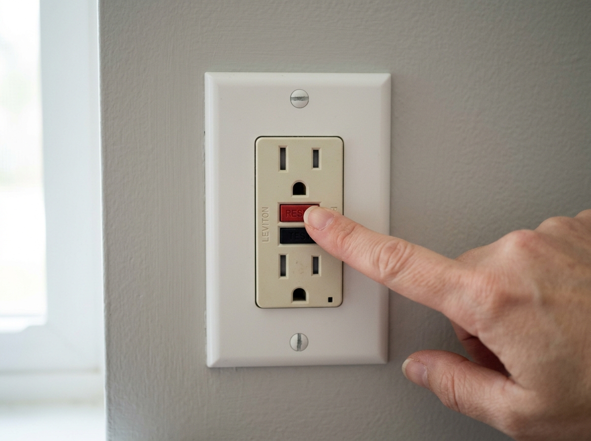 A finger presses the RESET button on a GFCI outlet while the face plate is in view.