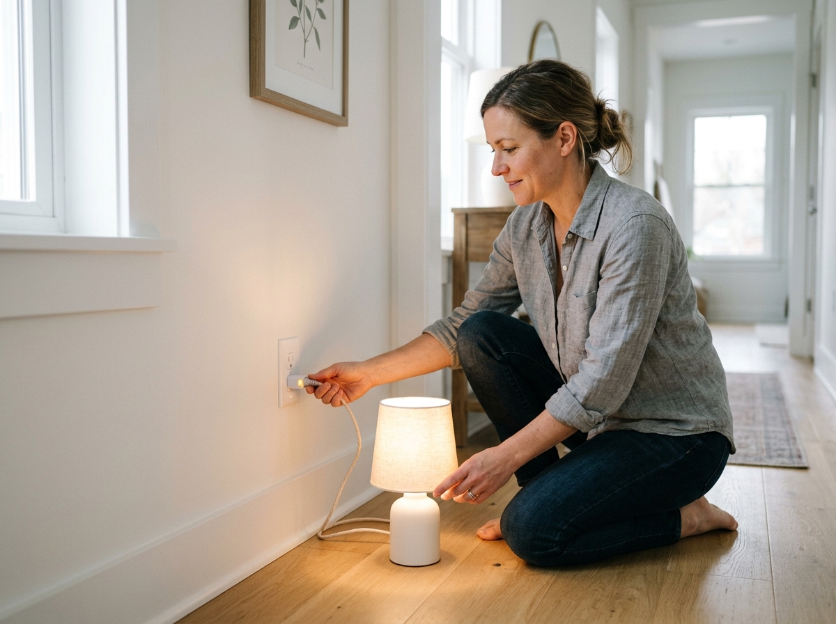 A homeowner checks a nearby outlet with a plug-in lamp to see whether the GFCI protects downstream receptacles.