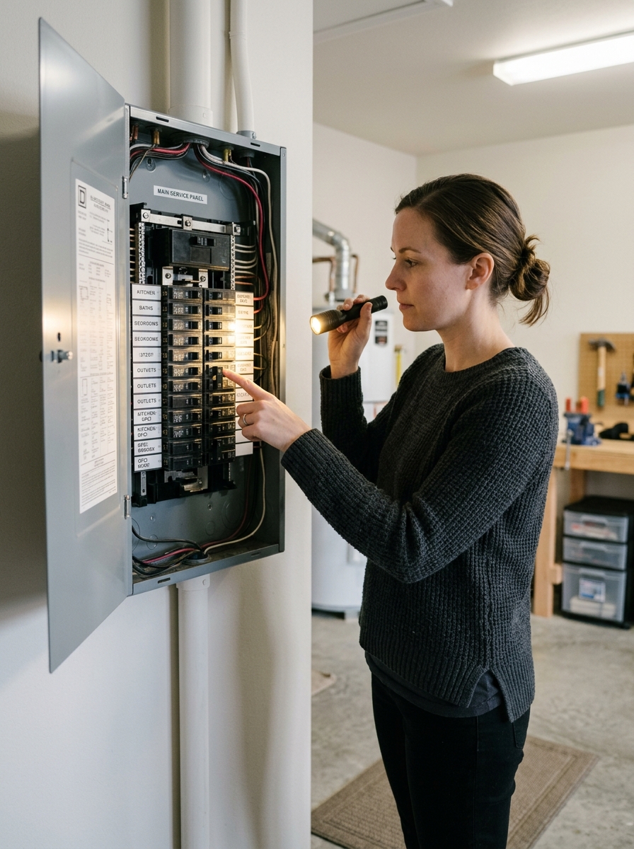 A homeowner checks the breaker panel after a GFCI outlet fails to reset.