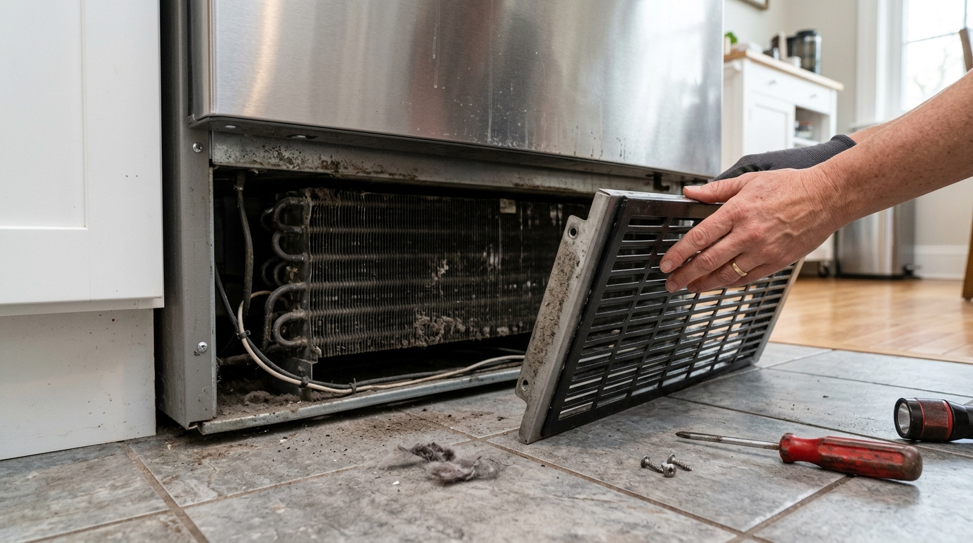A homeowner pulls a refrigerator forward to access the condenser area.