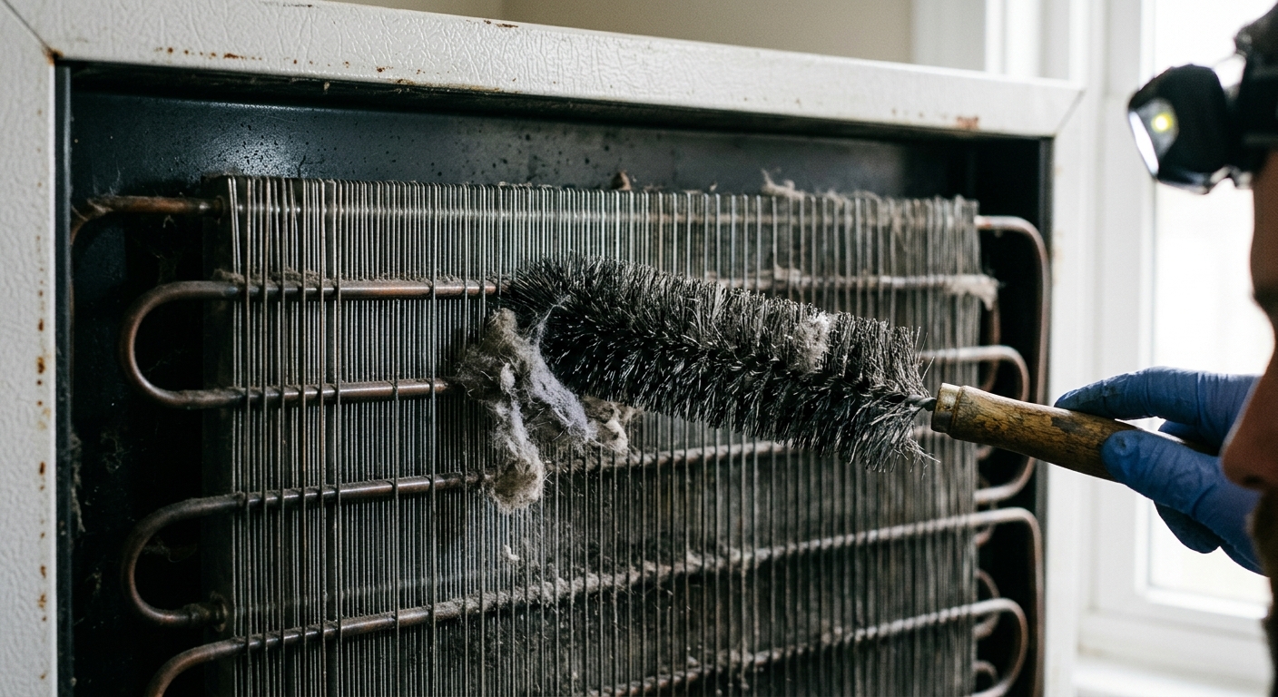The lower access panel is removed to expose the condenser coils.